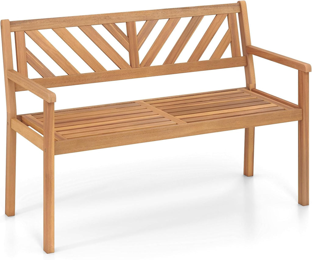 Tangkula Acacia Wood Outdoor Loveseat Bench, 2-Person Patio Garden Bench with Armrests & Backrest, Slatted Wooden Outside Seating Furniture for Backyard, Porch, Deck (V-Shaped Backrest)
