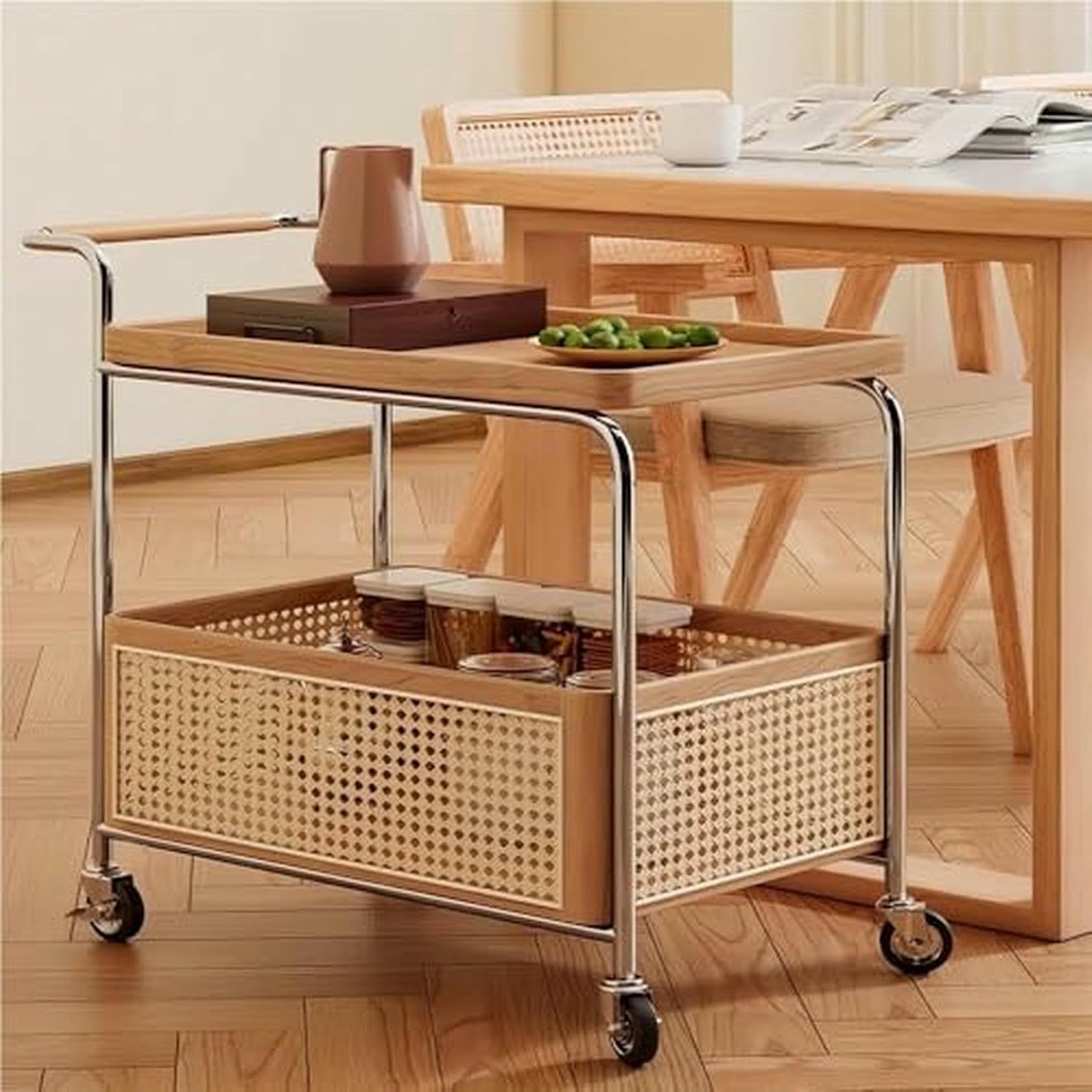 Rolling Rattan Side Table with Wheels - 2-Layer Storage Coffee Table & End Table for Living Room - Stylish Wood & Rattan Design, Space-Saving Solution