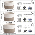 Large Woven Blanket Basket,65L Cotton Rope Laundry Basket Hamper with Handles, Decorative Nursery Basket Storage Bin for Toys, Clothes Organizer, Living Room, Bedroom, Bathroom, White & Brown