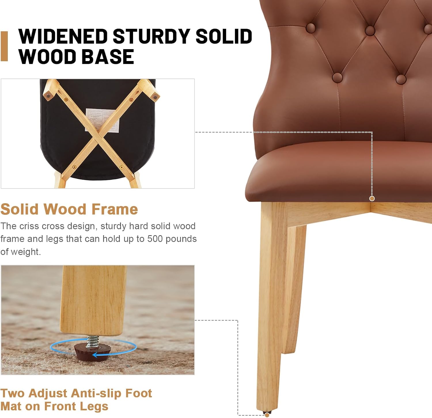 Faux Leather Dining Chairs Set of 2, Upholstered Dining Room Chair with Button Tufted, Solid Wood Legs, Mid Century Modern, Luxury Wingback Side Chair for Living Room, Kitchen, Restaurant, Brown