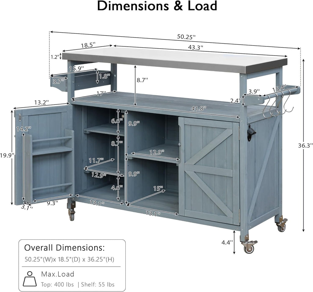 Outdoor Grill Cart with Storage, Rolling Bar Cart and Lockable Wheels, Farmhouse Solid Wood Outdoor Grill Table with Stainless Steel Top, Spice Rack, Towel Rack for Kitchen and BBQ, Grey Blue