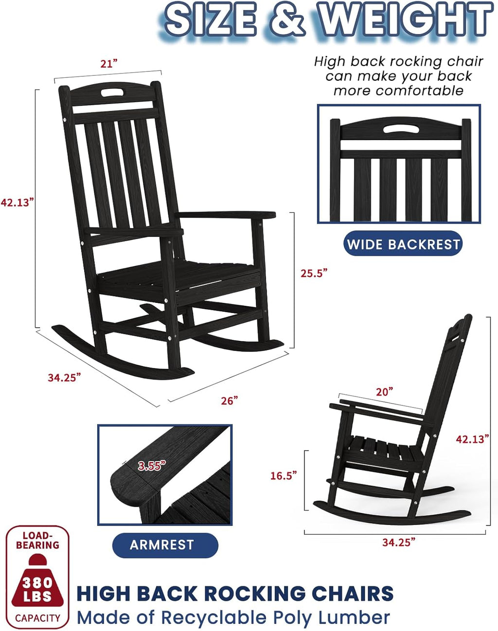 Outdoor Rocking Chair, High Back HDPE Patio Chair, All Weather Rocker Porch Chair, Lawn Chair for Deck, Porch, Backyard, Garden and Indoor, Black