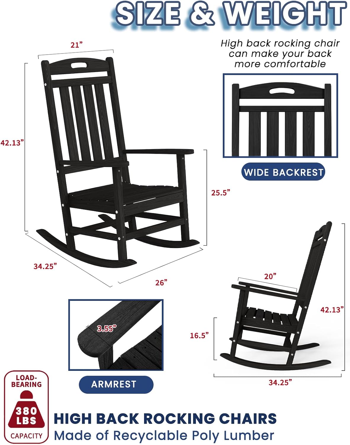 Outdoor Rocking Chair, High Back HDPE Patio Chair, All Weather Rocker Porch Chair, Lawn Chair for Deck, Porch, Backyard, Garden and Indoor, Black
