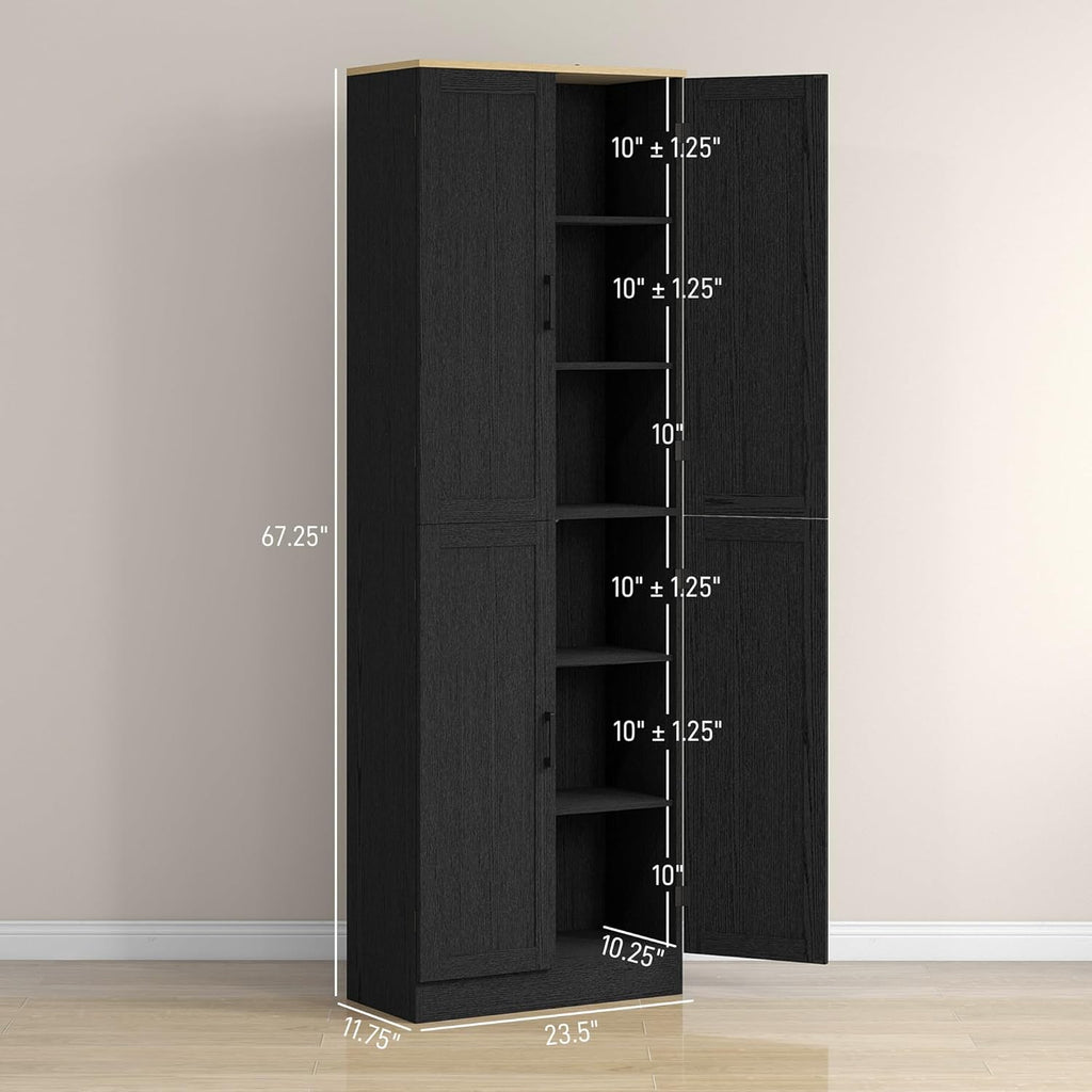 HOMCOM 67" Freestanding Kitchen Pantry, 4-Door Storage Cabinet Organizer with Adjustable Shelves, Kitchen Cabinet with Doors, Distressed Black