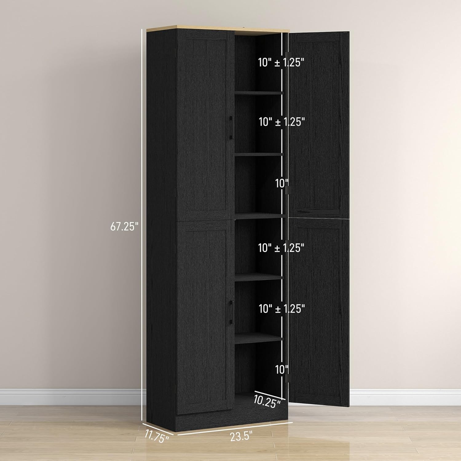 HOMCOM 67" Freestanding Kitchen Pantry, 4-Door Storage Cabinet Organizer with Adjustable Shelves, Kitchen Cabinet with Doors, Distressed Black