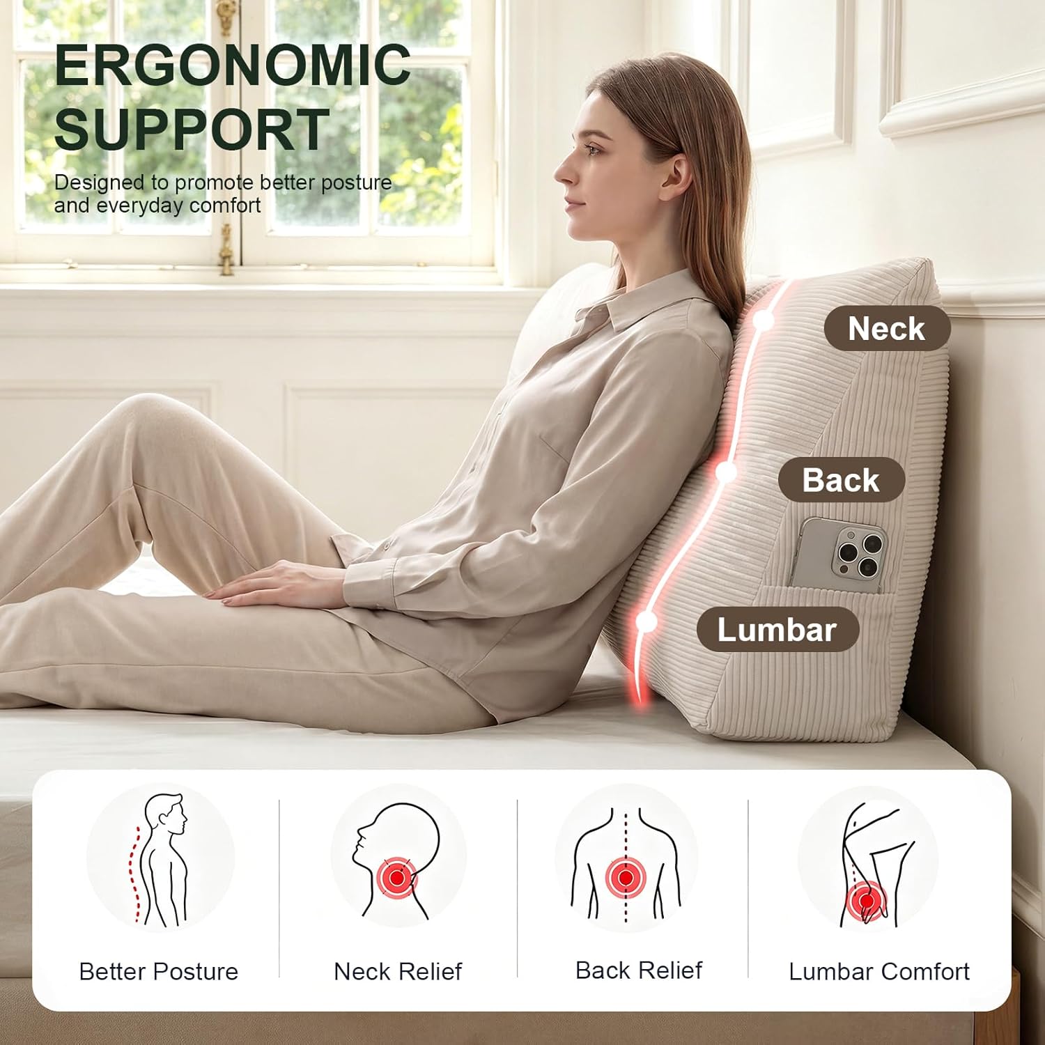 Gnostik Headboard Pillow Twin/Twin XL, Beige Triangle Wedge Pillow Headboard for Dorm, Daybed Backrest Cushion for Reading Sitting Working, 39.4"x15.7"x7.5"
