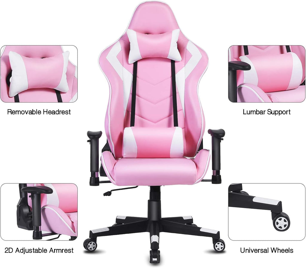 High-Back Swivel Gaming Chair Recliner Racing Style Ergonomic Office Desk Reclining Chair with Headrest and Lumbar Support, Pink White
