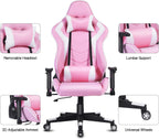 High-Back Swivel Gaming Chair Recliner Racing Style Ergonomic Office Desk Reclining Chair with Headrest and Lumbar Support, Pink White