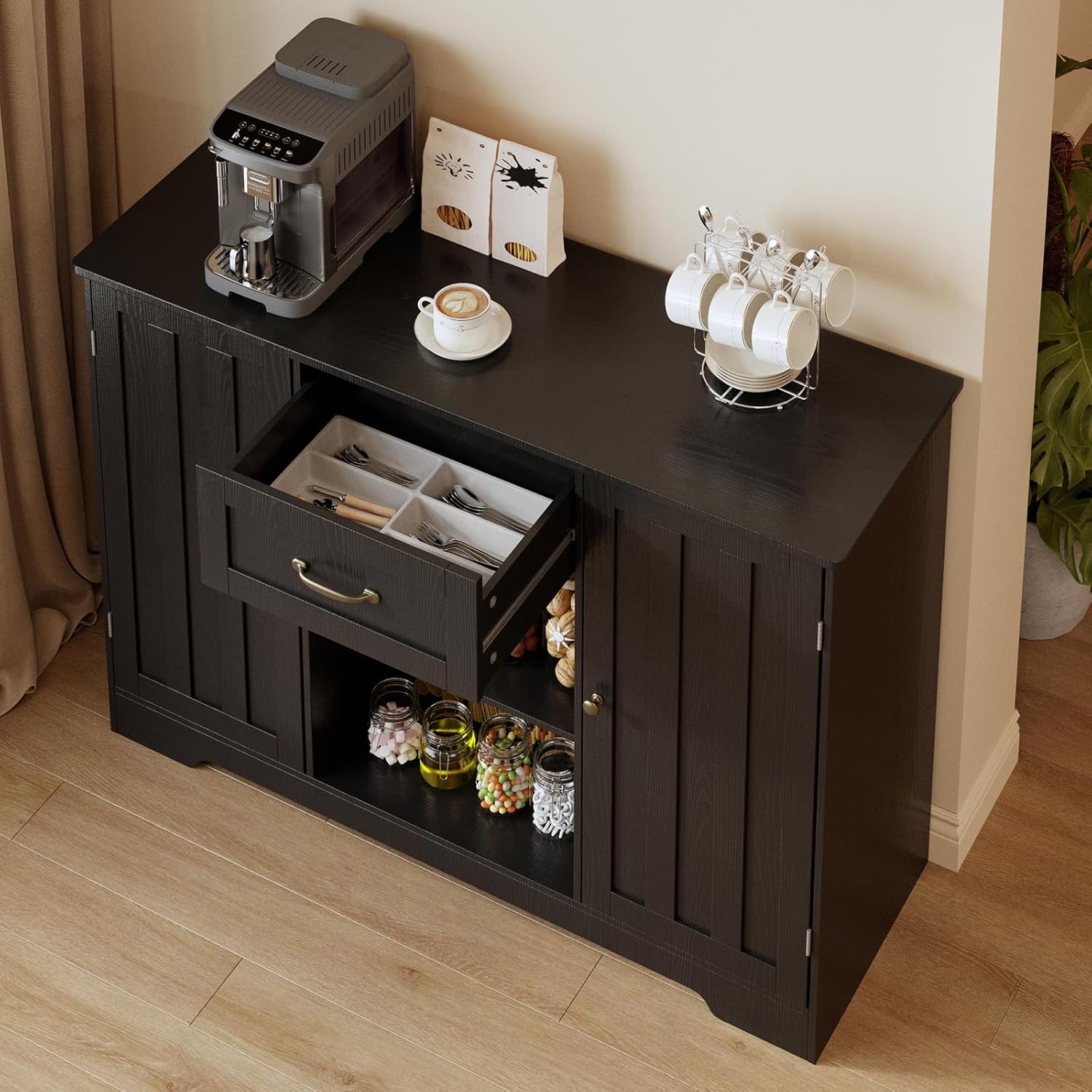 Gizoon 45" Coffee Bar Cabinet with Door and Shelves Kitchen Hutch with Countertop, Kitchen Buffer Cabinet with Storage for Bedroom and Living Room, Black