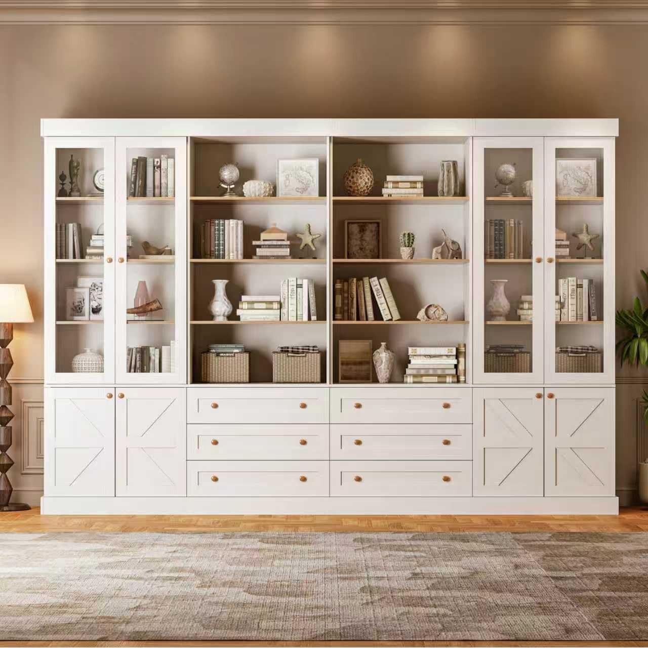 Vyre 71" Tall Farmhouse Bookshelves with Glass Doors and Drawers,Large Modular Bookcase with Adjustable Shelves, Storage Cabinet for Living Room, Kitchen, Set of 4, White