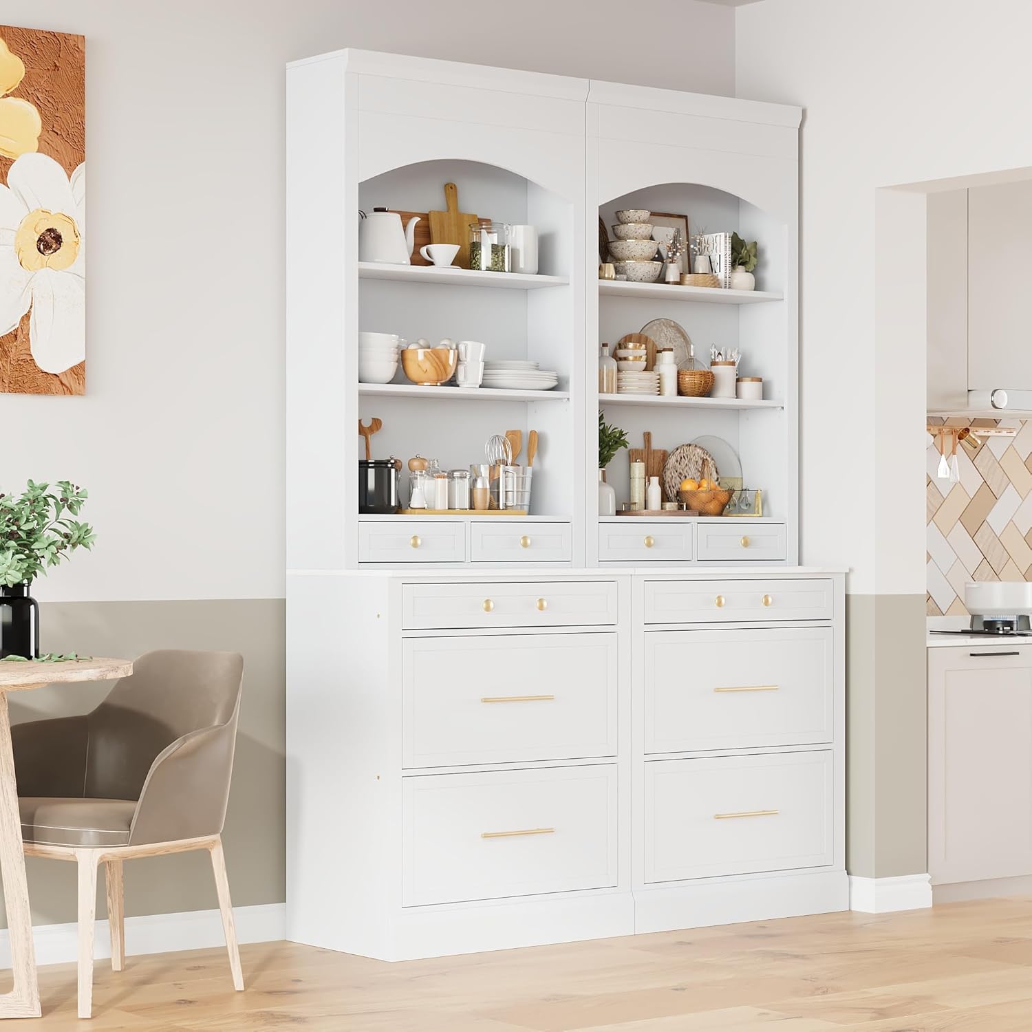 High Kitchen Pantry, Freestanding Tall Kitchen Hutch with Faux Marble Top,Cupboard Cabinet with 5 Storage Drawers and Adjustable Shelf, Set of 2 (White, 2 Pantry)