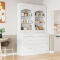 Set of 2 Tall Kitchen Pantry Storage Cabinet with Faux Marble Top, Freestanding Pantry Cabinet with 5 Storage Drawers and Adjustable Shelf Modern Kitchen Hutch Display Cupboard Food Cabinets, White