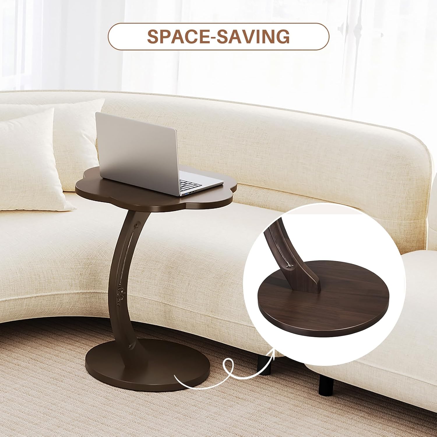 Uniclinens C-Shaped Solid Wood Round End Table - Side Table for Couch, Sofa Tables Slide Under Couch for Living Room, Small Nightstand for Small Space, Dark Walnut