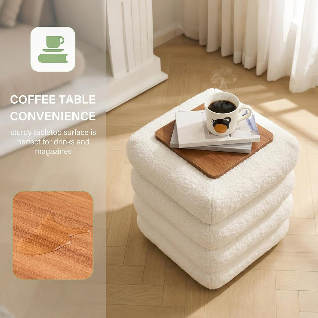 Wimarsbon Square Storage Ottoman, Modern Sherpa Footstool, Teddy Vanity Stool with Flip-Top Tray, Makeup Chair for Home Decor, Upholstered Footrest for Living Room & Bedroom (16inch Square)