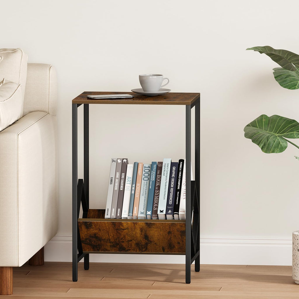 2 Tier End Table, Side Table, Record Player Stand with Storage Up to 100 Albums, Vinyl Record Storage, Turntable Stand for Vinyl, Brown Records Player Table for Living Room Bedroom