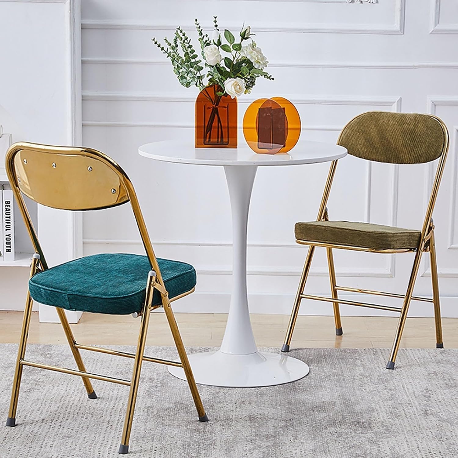 Portable Folding Chairs with Padded Cushion for Comfort Back Support and Durability Ideal for Home Office Indoor and Outdoor Events(Corduroy+Green)