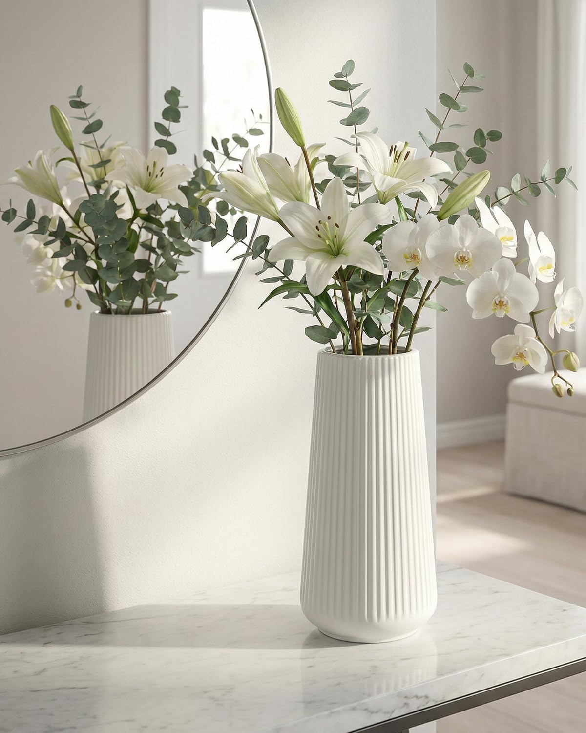 White Ceramic Vase, 8 Inch Flower Vases for Pampas Grass and Dried Flowers, Modern Vase for Living Room Table, Kitchen Shelf, Wedding Centerpiece Decor