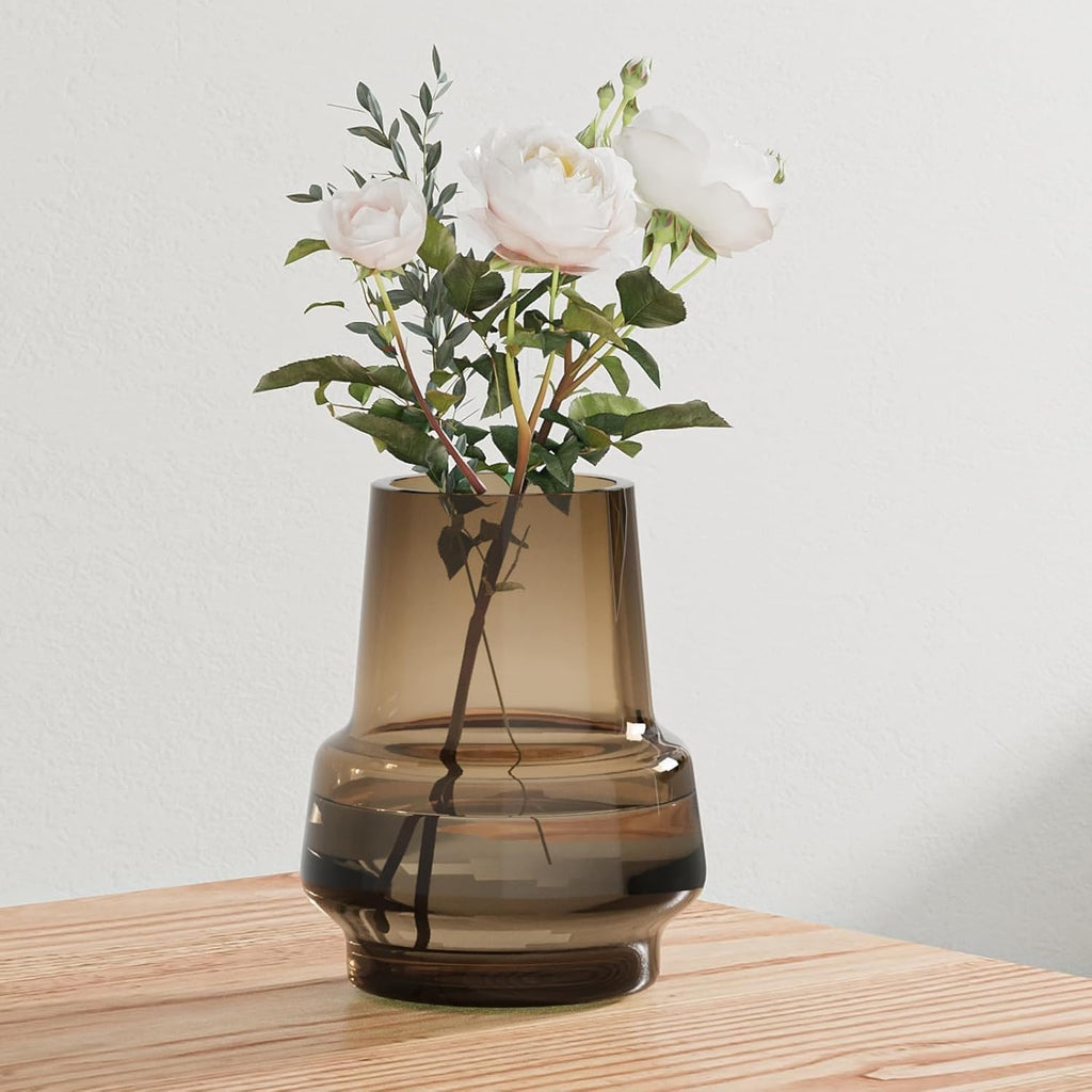 Relexome Amber Glass Vase Bud Flower Vase with Modern Design, Brown Wide Mouth Decorative Vase Gift for Home Decor, Living Room, Dining Table, Entryway, Shelf, Wedding, Office, 7.3 Inch (Amber)