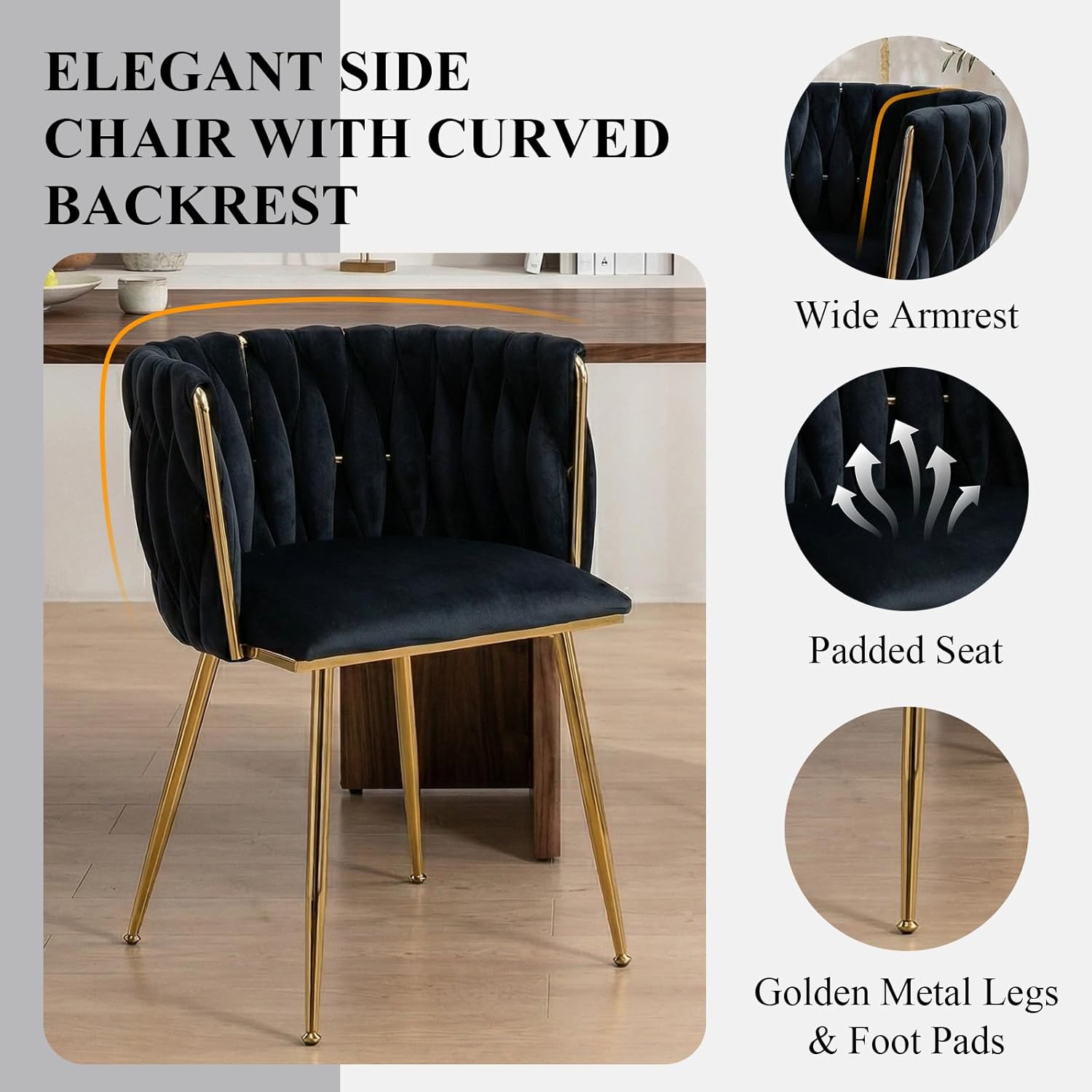Modern Hand Weaving Dining Chairs Set of 2, Velvet Upholstered Dining Room Chairs with Gold Legs, Elegant Side Chair with Curved Backrest, Accent Chair for Dining Room, Kitchen (Black)