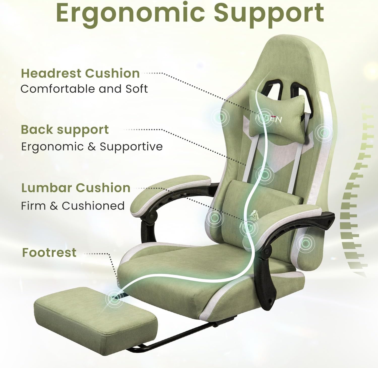 N-GEN GAMING Gaming Chair Video Game Computer Office Desk Use Ergonomic Reclining Backrest Adjustable Armrests Lumbar Support Footrest High Density Foam Breathable Fabric Heavy Duty Base (Green)