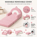 Rainbow Kids Couch, 2-in-1 Fold Out Toddler Couch Sofa, Soft Fleece Kids Chair, Convertible Sofa to Lounger for Girls Boys Bedroom, Playroom, Reading Nook, Pink