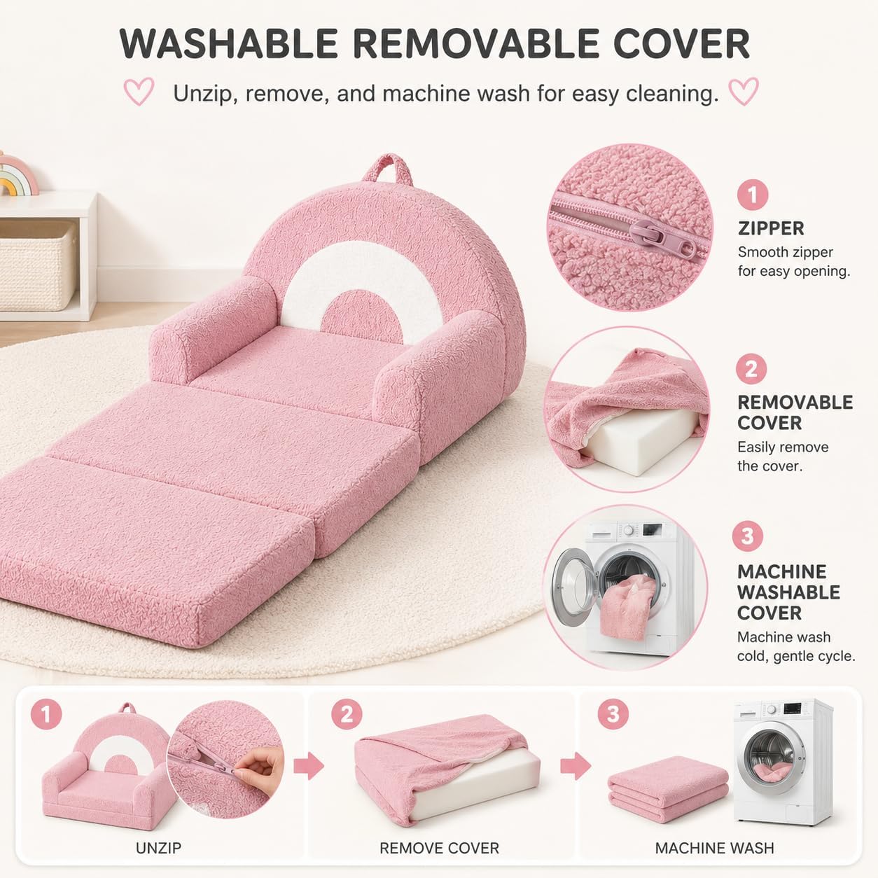 Rainbow Kids Couch, 2-in-1 Fold Out Toddler Couch Sofa, Soft Fleece Kids Chair, Convertible Sofa to Lounger for Girls Boys Bedroom, Playroom, Reading Nook, Pink
