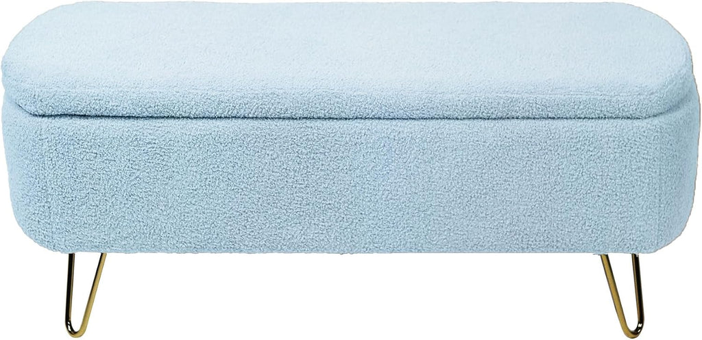 Ottoman with Storage, Small Boucle Storage Ottoman Bench,Upholstered Entryway End of Bed Bench with Cushion and Gold Legs for Bedroom Living Room, Light Blue