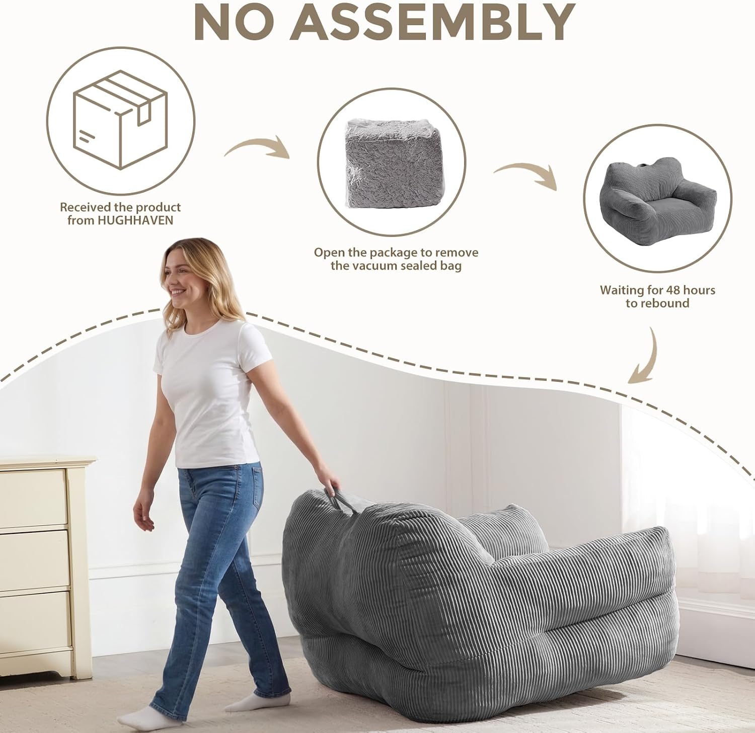 HUGHEAVEN Big Bean Bag Chair for Adults, Giant Oversized Bean Bag Couch, Comfy Reading Chair with Armrests, Soft Cozy Chair for Bedroom, Lounge Sofa for Gaming, Napping & Relaxing, Grey