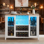 GarveeHome Wine Bar Cabinet with LED Light, Home Coffee Cabinet with Wine and Glass Rack, Kitchen Buffet Sideboard with Storage, Liquor Cabinet for Bar, Dining Room, Kitchen,White