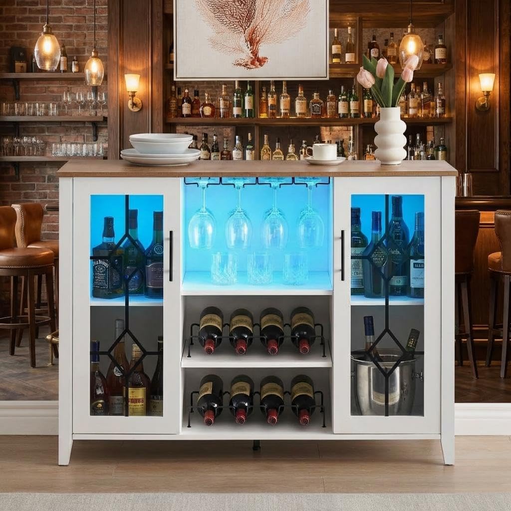 GarveeHome Wine Bar Cabinet with LED Light, Home Coffee Cabinet with Wine and Glass Rack, Kitchen Buffet Sideboard with Storage, Liquor Cabinet for Bar, Dining Room, Kitchen,White