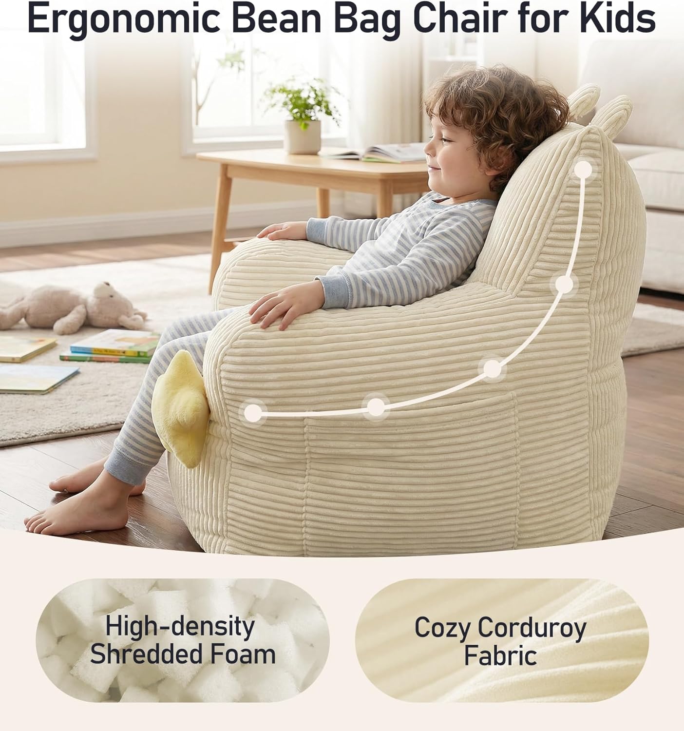 little dove Bean Bag Chairs for Kids, Comfy Bean Bag Chair with 2 Plush Toys, Toddler Chair with Pocket, Stuffed Lazy Sofa with Filler for Boys and Girls, Kids Chairs for Gaming, Reading, Beige