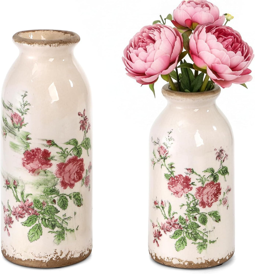 Covzoe Set of 2 Vintage Ceramic Small Vases, Rustic Farmhouse Flower Vase for Table Centerpiece, Mini Bud Vase Art Decor for Home Bedroom, Living Room Office Bathroom, 2 Size