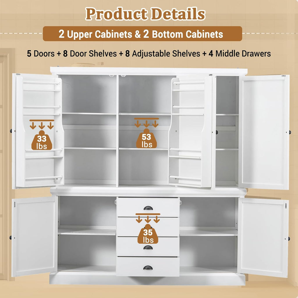 Pantry Storage Cabinet with Adjustable Shelves, Freestanding Tall Cupboard with Drawers and Door Shelves for Kitchen, Dining Room,Living Room (White)
