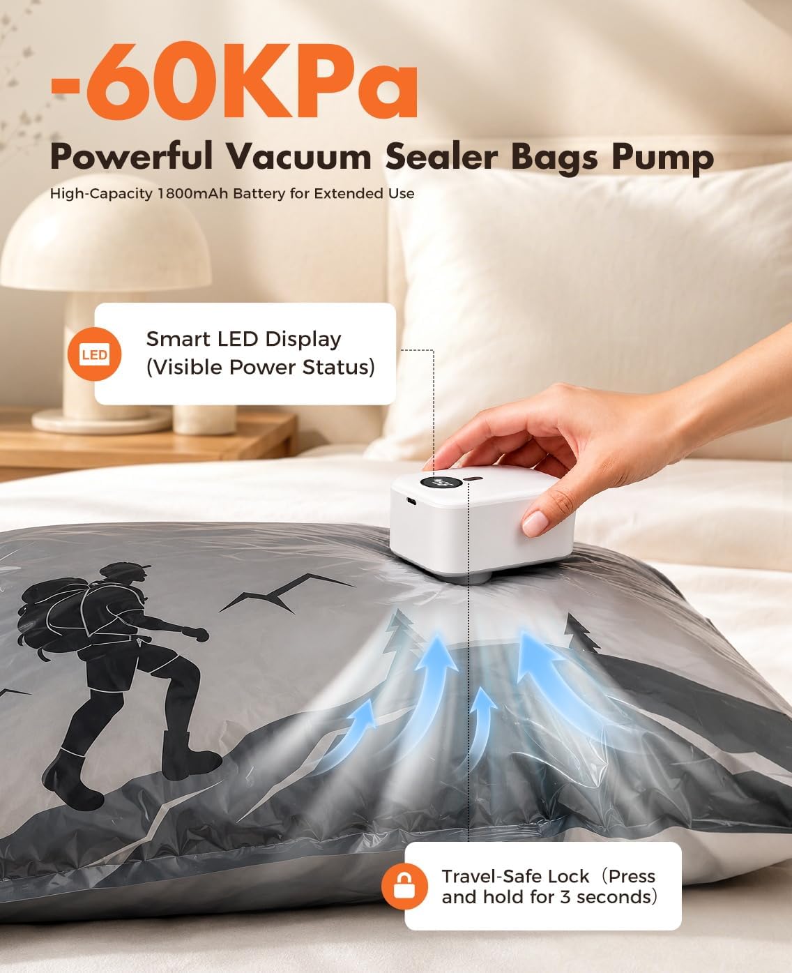 Vacuum Storage Bags with Electric Pump,Supports -60kPa Vacuum Seal Bags for Clothing Included, Travel Bags with Portable Cordless Pump, Compatible with Bags 10 Combo Set