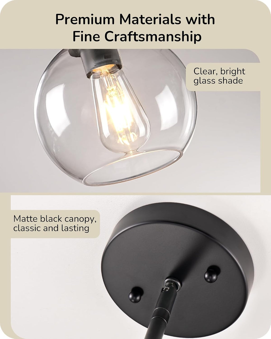 EDISHINE Modern Pendant Lights Kitchen Island 2 Pack, Hanging Light Fixture with Clear Glass Globe Shade, Hardwired Matte Black Adjustable Metal Rod for Bathroom, Dining Room, Bedroom