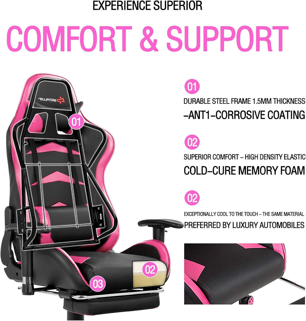 POWERSTONE Gaming Chair - Pink Ergonomic Gaming Chair with Footrest for Women Racing Esports Computer Chair High-Back Lumbar Massage Leather Recliner Rolling Swivel Chair (Pink)