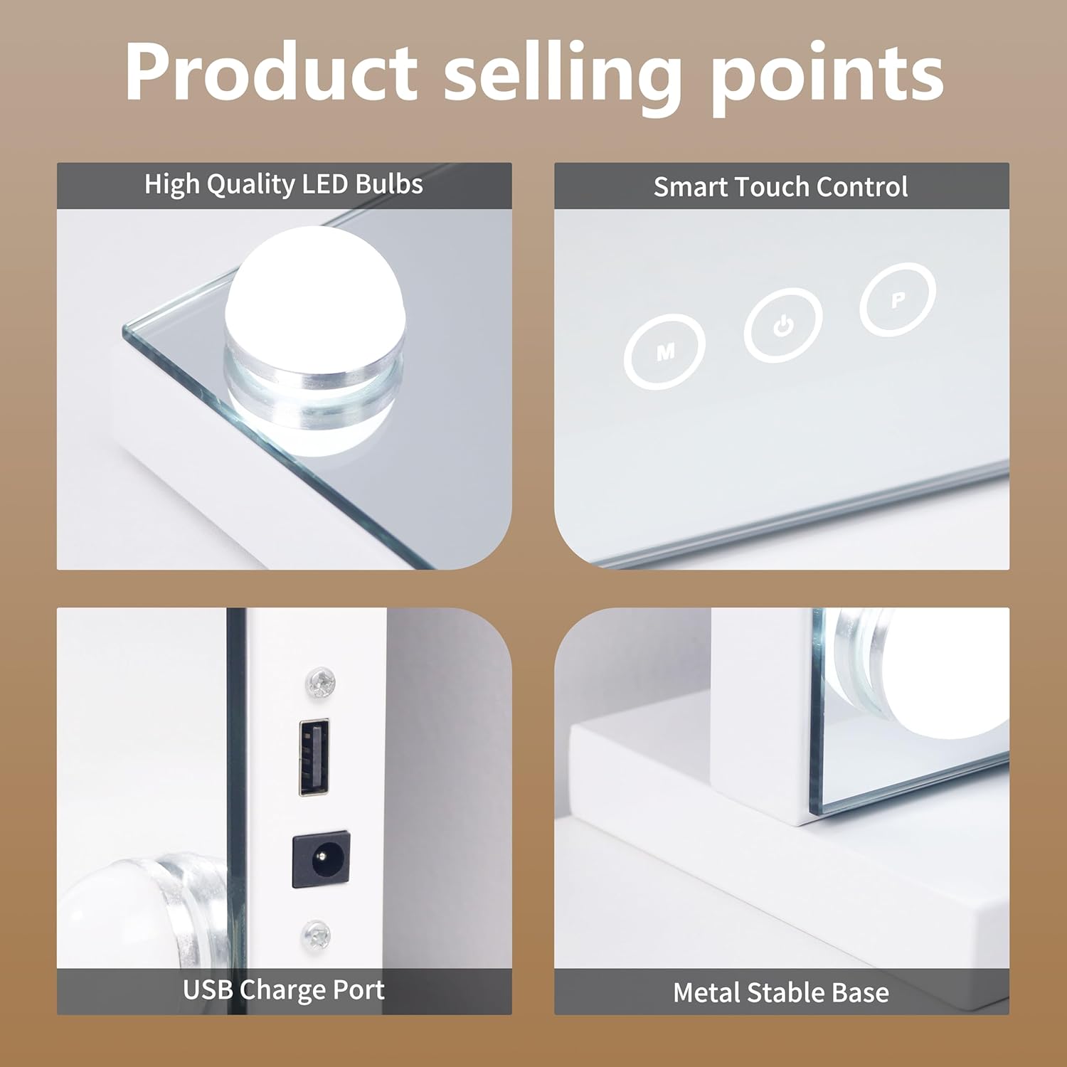 Vanity Mirror with Lights Lighted Makeup Mirror with Dimmable LED Bulbs,3 Color Lighting Modes,USB Charging Port Touch Control,Sturdy Metal Frame Design,White (50x40cm, 4.70)