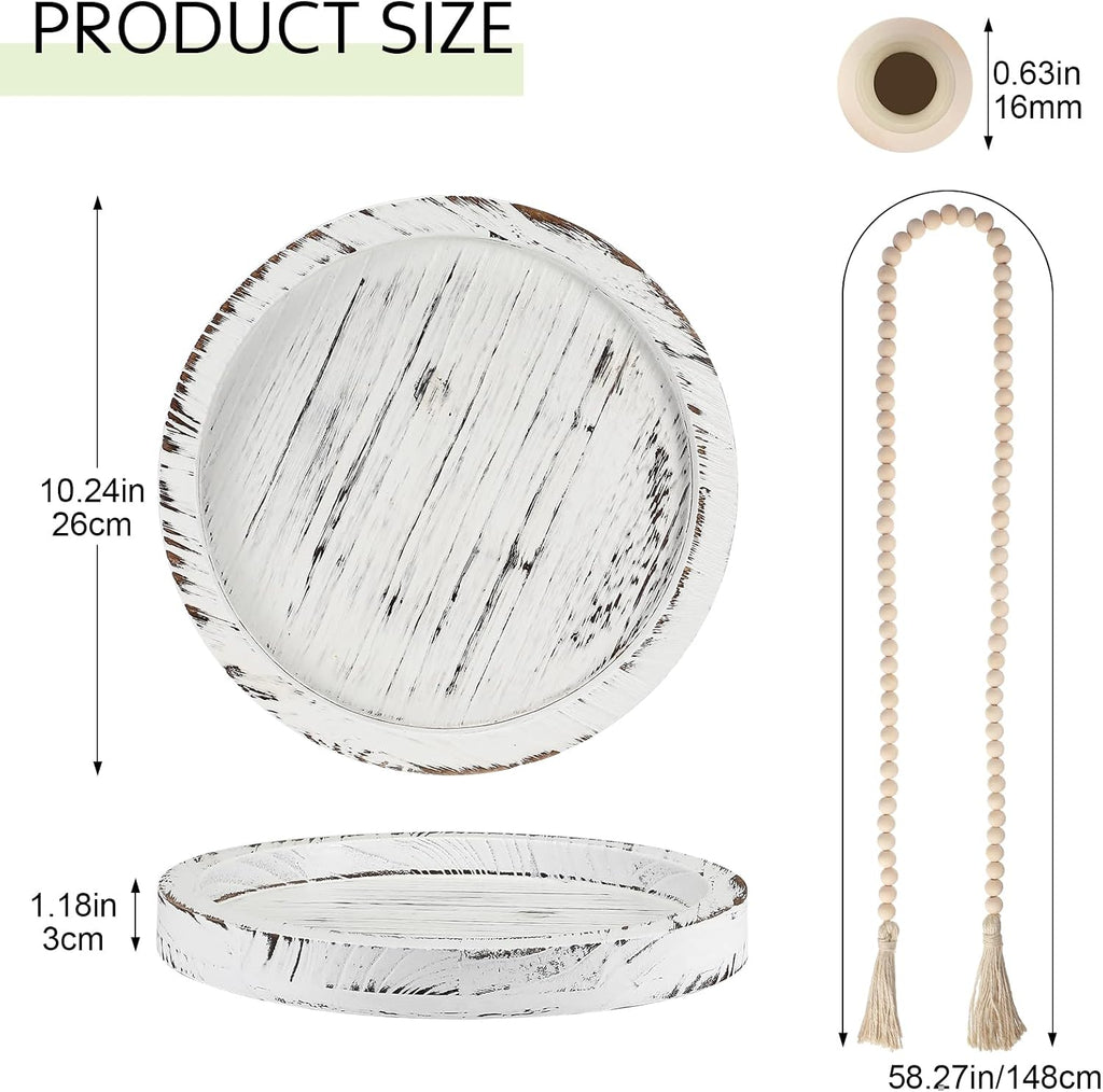 5 Pcs Rustic Country Tabletop Centerpieces Decor Set of 3 Boho Ceramic Vases with Wooden Serving Tray Wood Bead Garland Tassels Table Holder for Home Decorations(White)