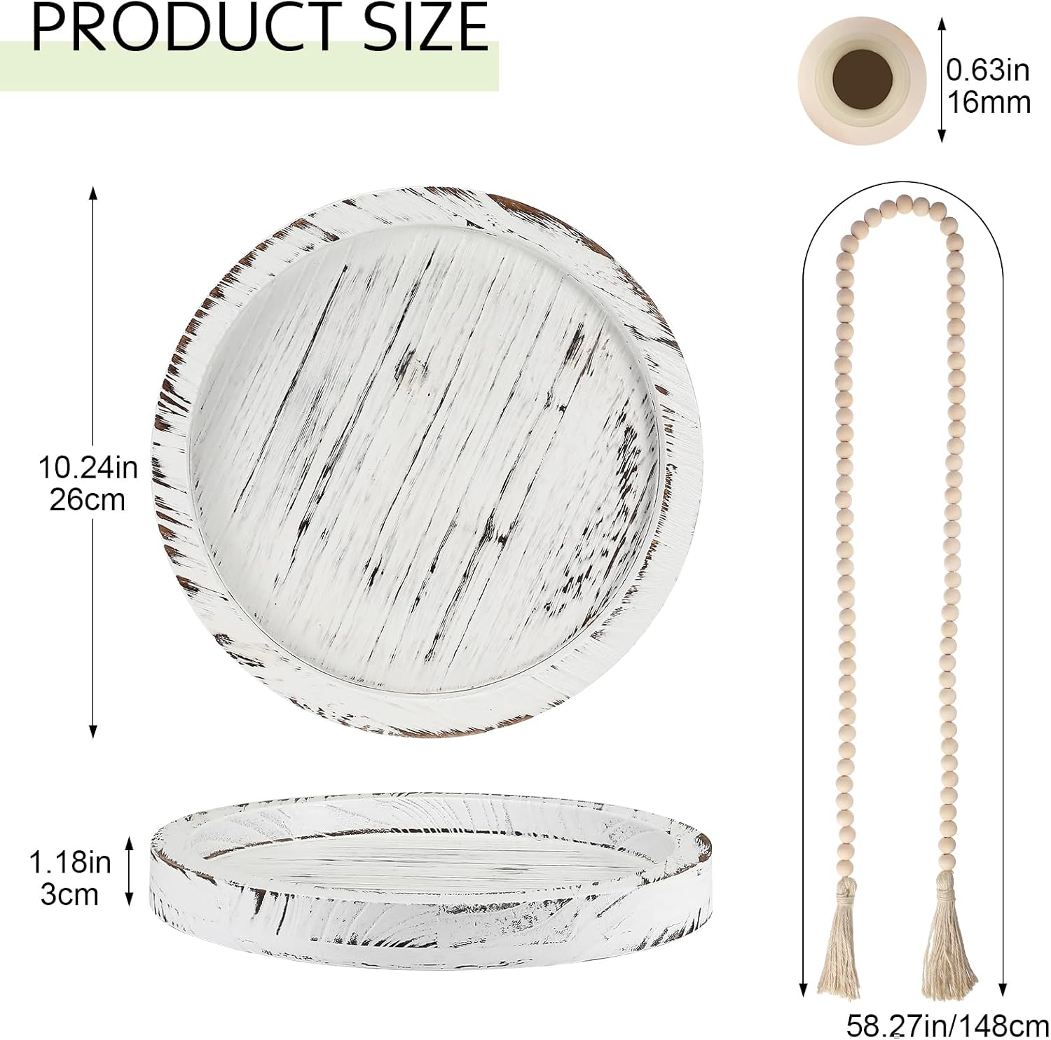 5 Pcs Rustic Country Tabletop Centerpieces Decor Set of 3 Boho Ceramic Vases with Wooden Serving Tray Wood Bead Garland Tassels Table Holder for Home Decorations(White)
