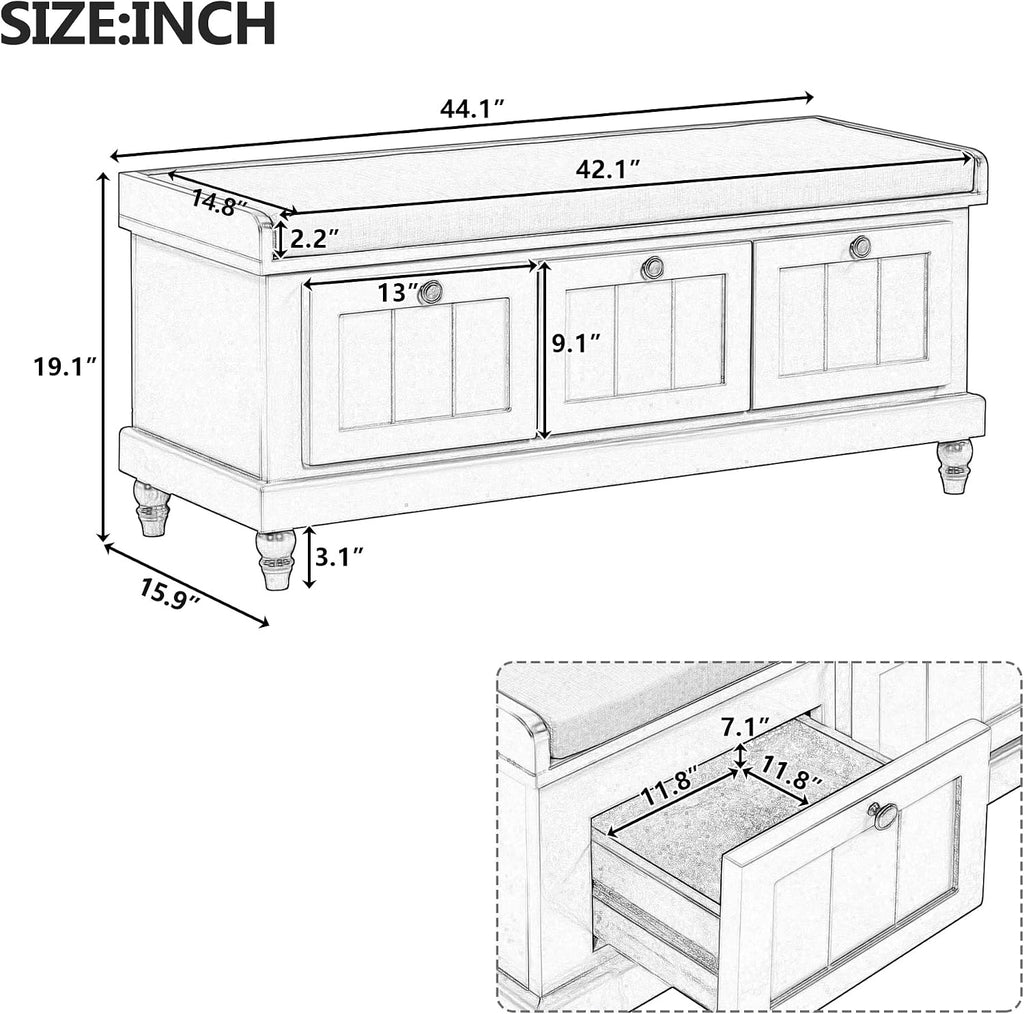 TREXM Classic Shoe Bench with Cushion & 3 Drawers, Fluted Storage Entryway Bench for Hallway, Living Room, White