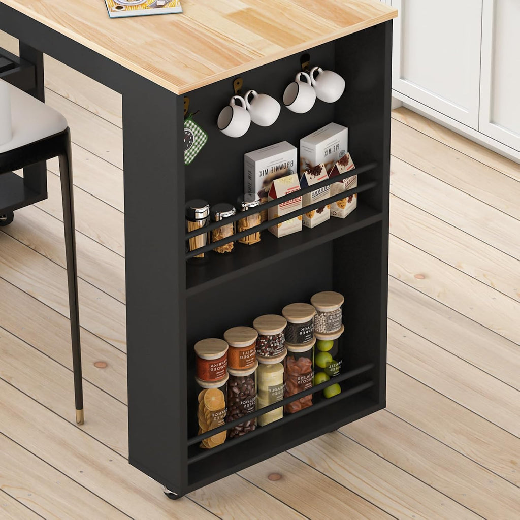 78"-49" Extendable Rolling Kitchen Island with Extended Dining Table, Mobile Kitchen Storage Islands with Storage Drawers, 2-Tier Storage Shelf,Black