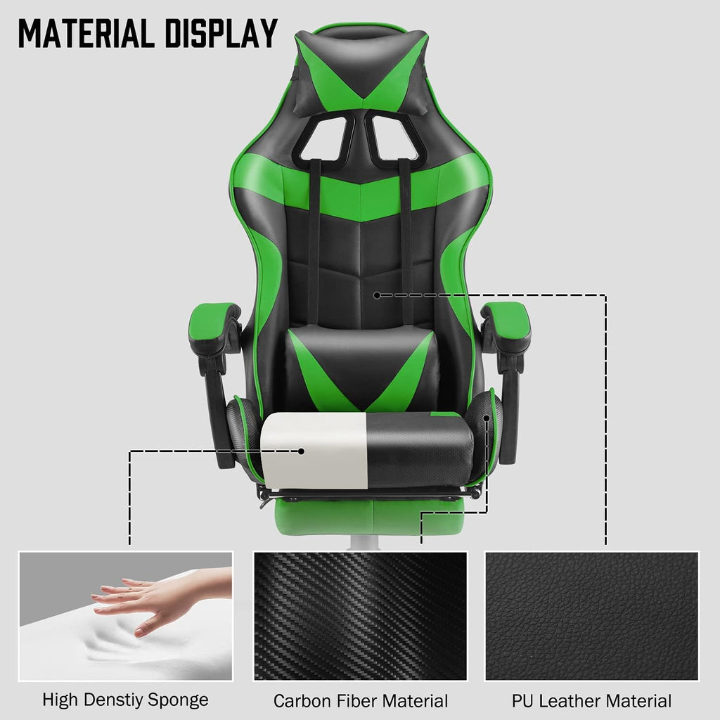 Huracan Gaming Computer Chair with Footrest, Adjustable Video Game Chairs for Adults, Heavy Duty Office Chair with Headrest and Lumbar Support, Green