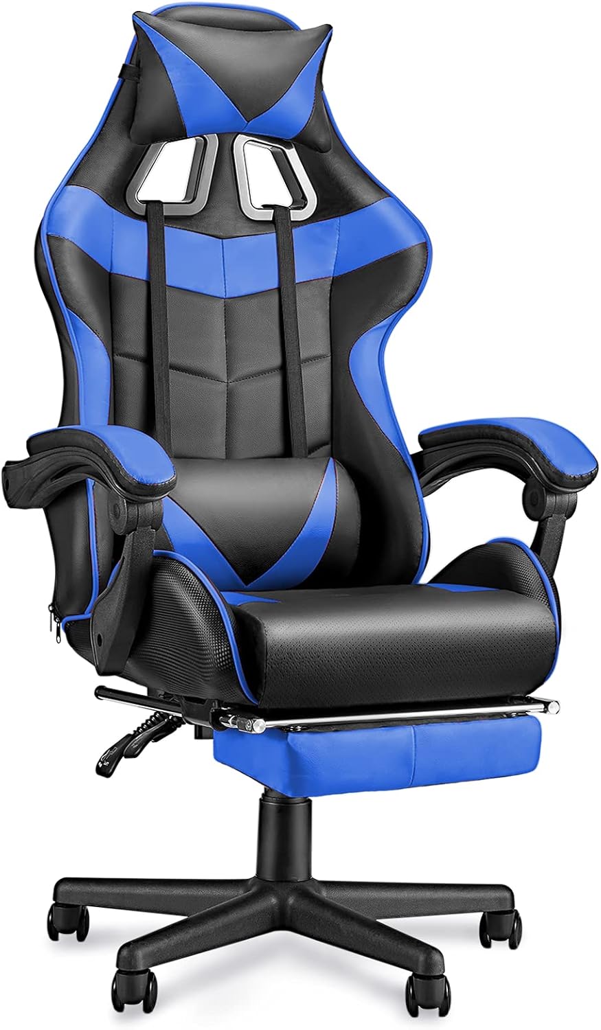 Huracan Gaming Chair with Footrest, Ergonomic Computer Chair Lumbar Support, Adjustable High Back Recliner for Adults, Racing Style Video Gaming Chairs, for Home Office Streaming, Blue