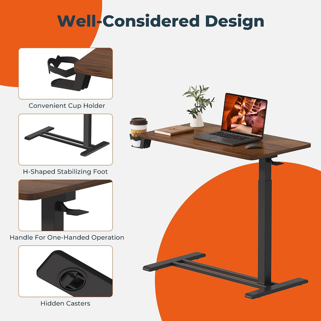 28'' Medical Overbed Bedside Table with Wheels,Rolling Table | 28''x16'' Mahogany Pneumatic Tilting Desktop,Overbed Bedside Table with Hidden Casters for Hospital Use