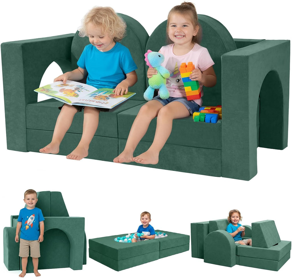 Fvkind 10 Pcs Modular Kids Play Couch for Playroom, Multifunctional Foam Kids Couch, Convertible Sectional Toddler Sofa for Boys and Girls, Toddler Sofa with Premium Foam and Washable Cover, Willow