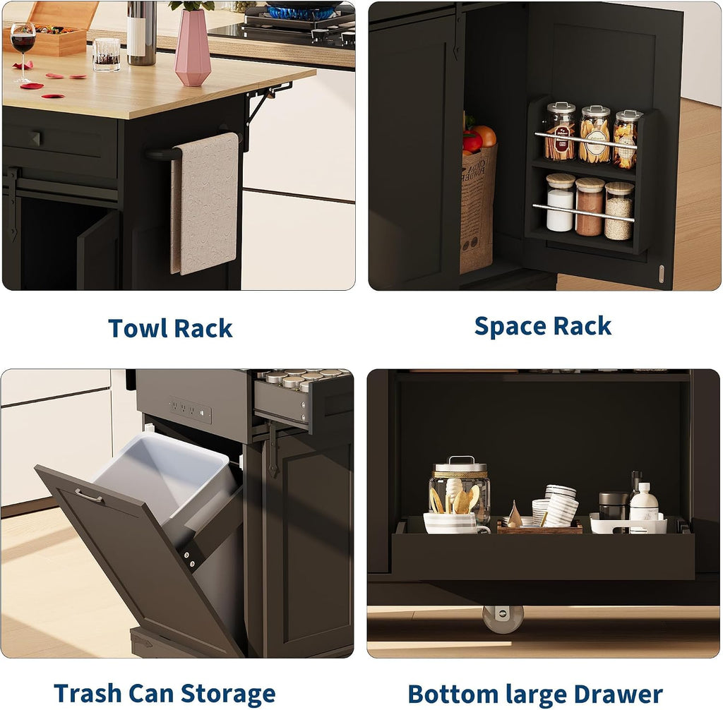 Large Rolling Kitchen Island with Power Outlet, Mobile Kitchen Cart on Wheels with Drop Leaf, 3 Drawers, Trash Can Storage, Spice Rack, Towel Holder, Kitchen Island Table for Dining Room, Home, Black