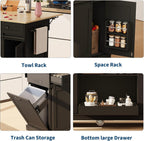 Large Rolling Kitchen Island with Power Outlet, Mobile Kitchen Cart on Wheels with Drop Leaf, 3 Drawers, Trash Can Storage, Spice Rack, Towel Holder, Kitchen Island Table for Dining Room, Home, Black