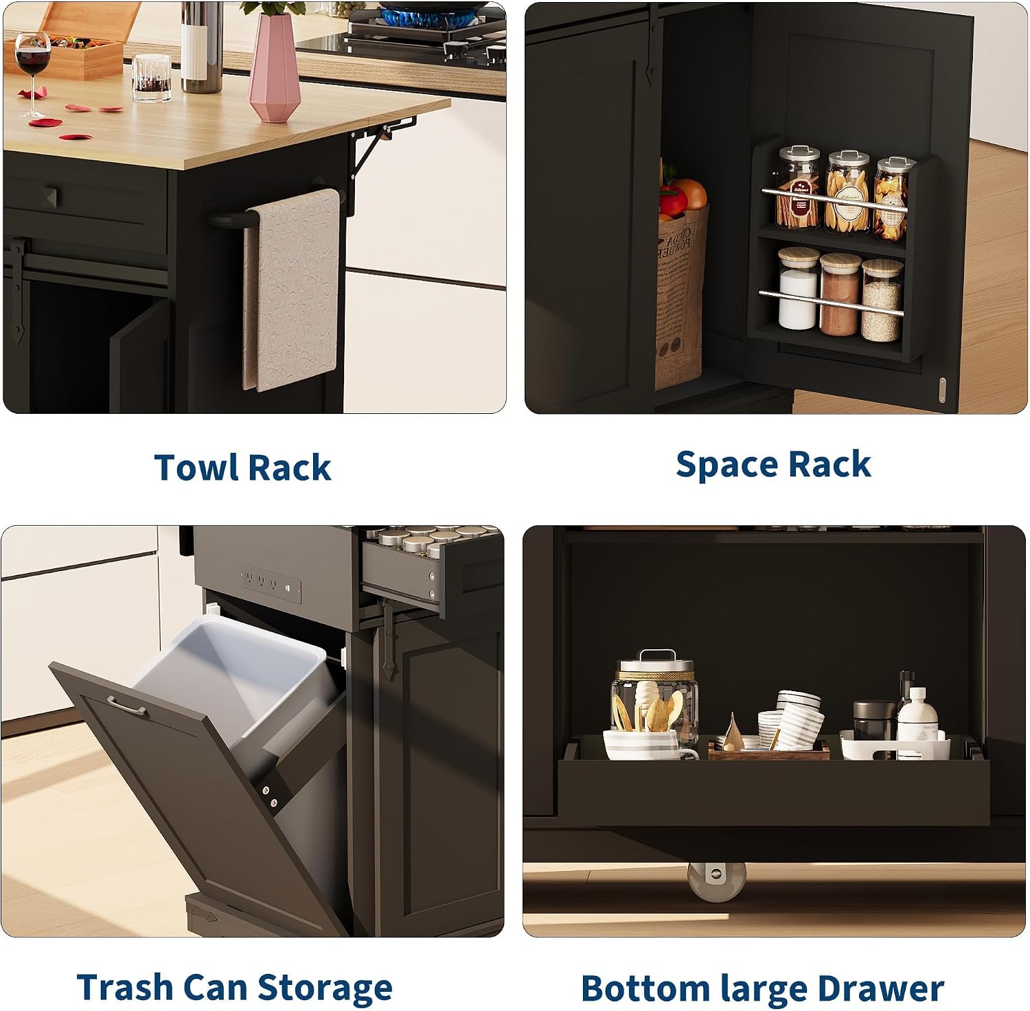 Large Rolling Kitchen Island with Power Outlet, Mobile Kitchen Cart on Wheels with Drop Leaf, 3 Drawers, Trash Can Storage, Spice Rack, Towel Holder, Kitchen Island Table for Dining Room, Home, Black