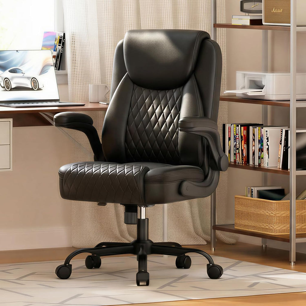 GTPLAYER Leather Office Chair, Home Desk Chair with Flip-up Arms and Ergonomic Back - Comfy Heavy Duty Executive Chair for Home Office Gaming, Black