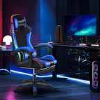 Gaming Chair, Computer Chair with Footrest and Lumbar Support, Height Adjustable Game Chair with 360° Swivel Seat and Headrest, High Back Office Chair with Bluetooth Speakers and LED Lights Blue